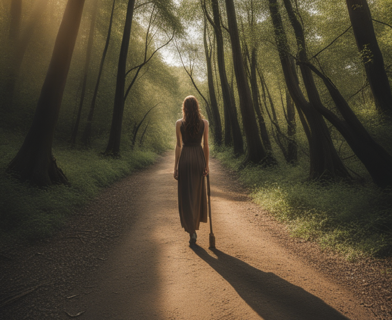 Image of a woman walking alone on a trail in the woods