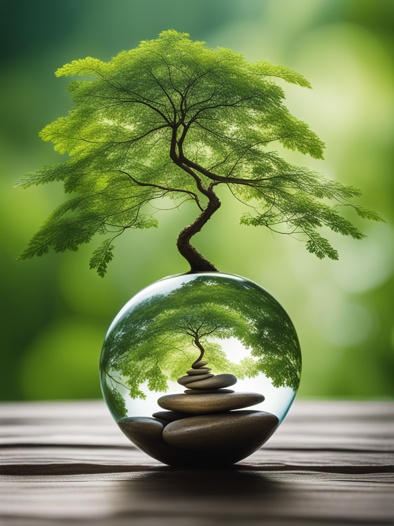 Image of a small tree planted in a clear glass globe, symbolizing growth